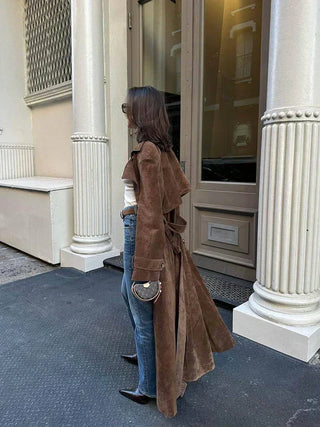 Belted Suede Longline Trench Coat in Brown — VerolynBoutique