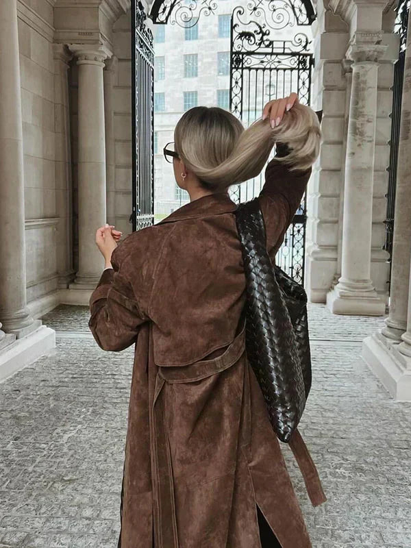 Belted Suede Longline Trench Coat in Brown — VerolynBoutique
