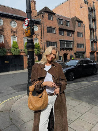 Belted Suede Longline Trench Coat in Brown — VerolynBoutique