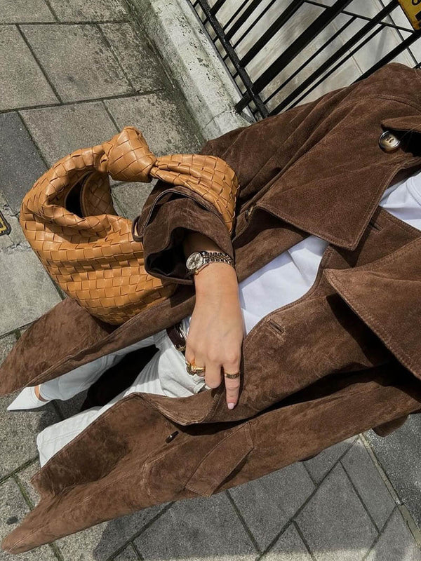 Belted Suede Longline Trench Coat in Brown — VerolynBoutique