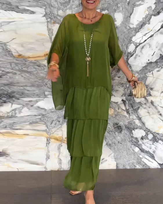 Loose Overlay Tiered Maxi Dress in Dark Green — VerolynBoutique