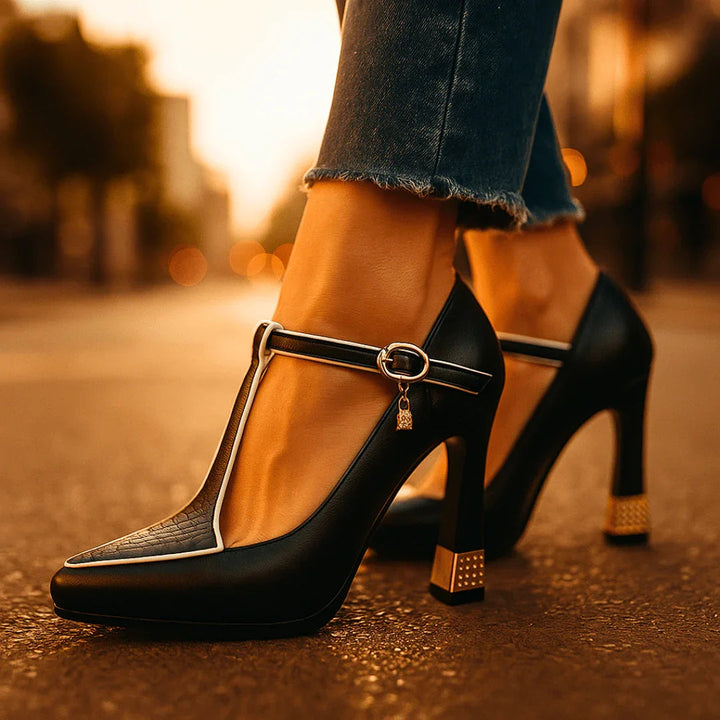 Pointed Toe T-Strap Heels in Black — VerolynBoutique