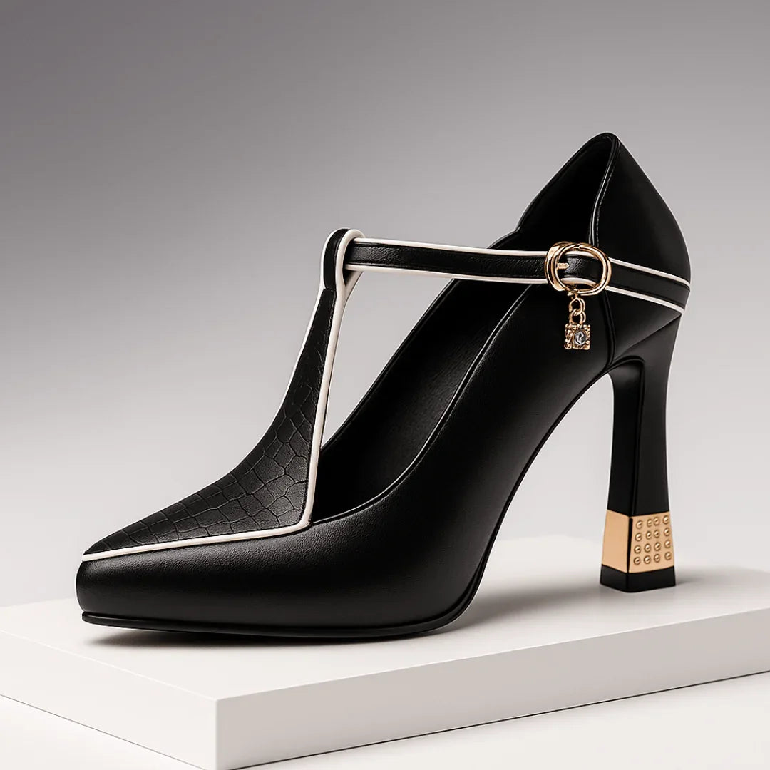 Pointed Toe T-Strap Heels in Black — VerolynBoutique