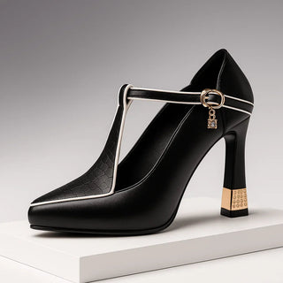 Pointed Toe T-Strap Heels in Black — VerolynBoutique