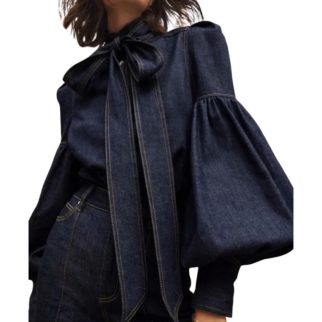 Denim Balloon Sleeve Bow Blouse in Dark Denim — VerolynBoutique