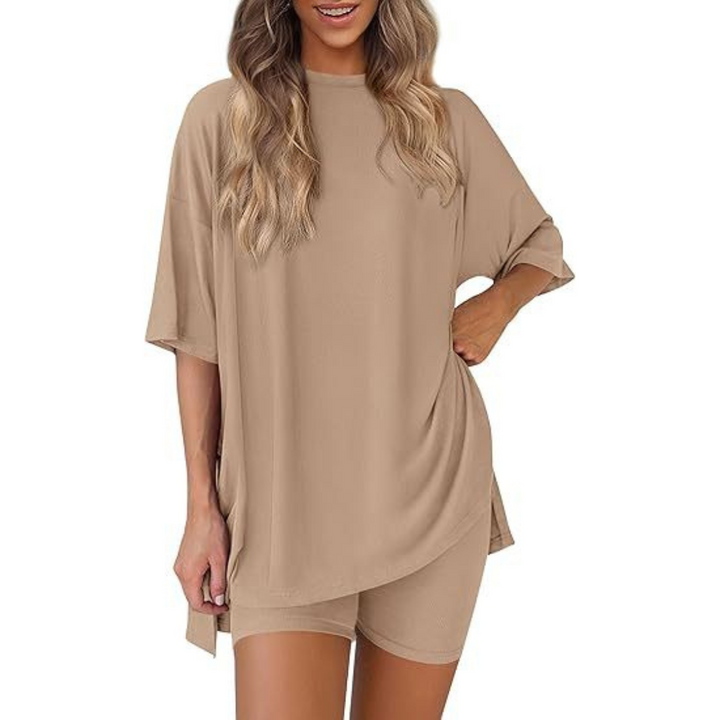 Oversized Tee Bike Shorts Set in Khaki — VerolynBoutique