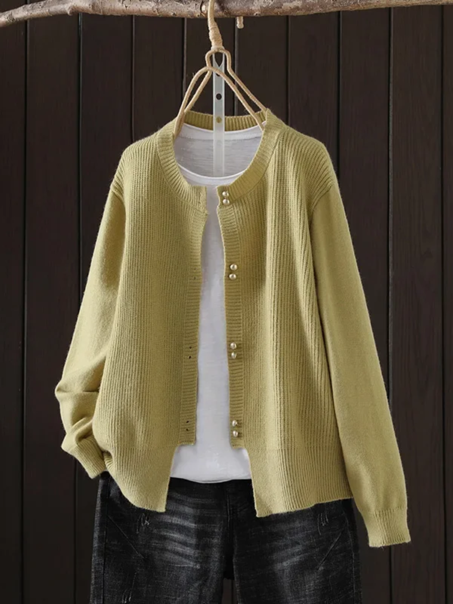 Pearl Button Crew Neck Cardigan in Yellow — VerolynBoutique