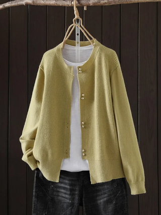 Pearl Button Crew Neck Cardigan in Yellow — VerolynBoutique