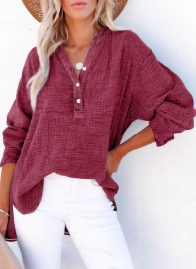 Textured V-Neck Button Blouse in Burgundy — VerolynBoutique