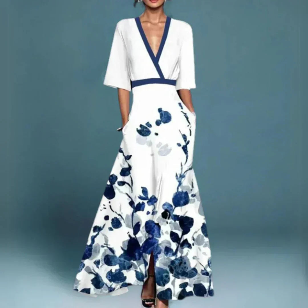 Floral V-Neck Evening Dress in Green — VerolynBoutique