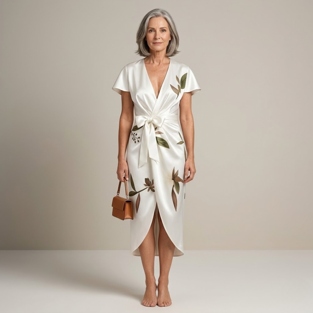 Leaf Print Tie Wrap Dress in White — VerolynBoutique