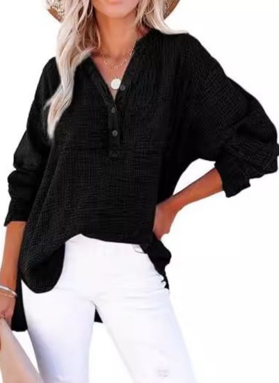 Textured V-Neck Button Blouse in Black — VerolynBoutique
