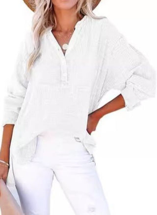 Textured V-Neck Button Blouse in White — VerolynBoutique