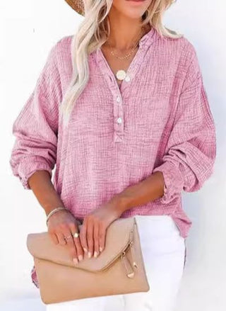 Textured V-Neck Button Blouse in Pink — VerolynBoutique