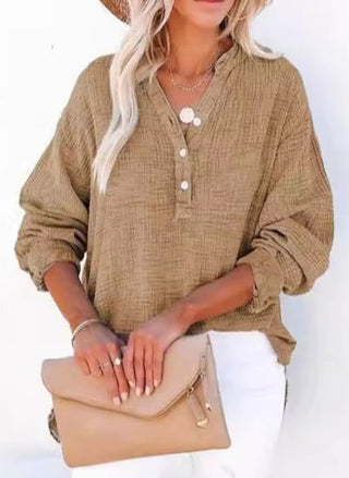 Textured V-Neck Button Blouse in Sky Blue — VerolynBoutique