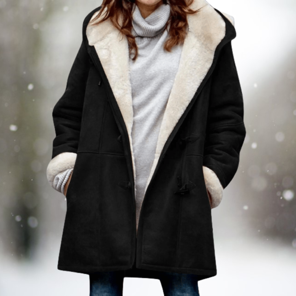 Fleece-Lined Suede-Look Hooded Coat in Black — VerolynBoutique