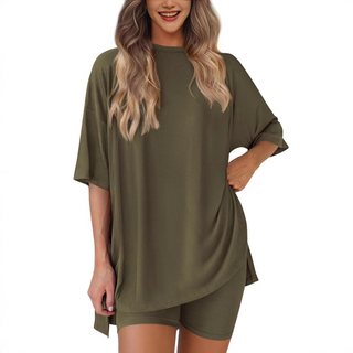 Oversized Tee Bike Shorts Set in Olive — VerolynBoutique