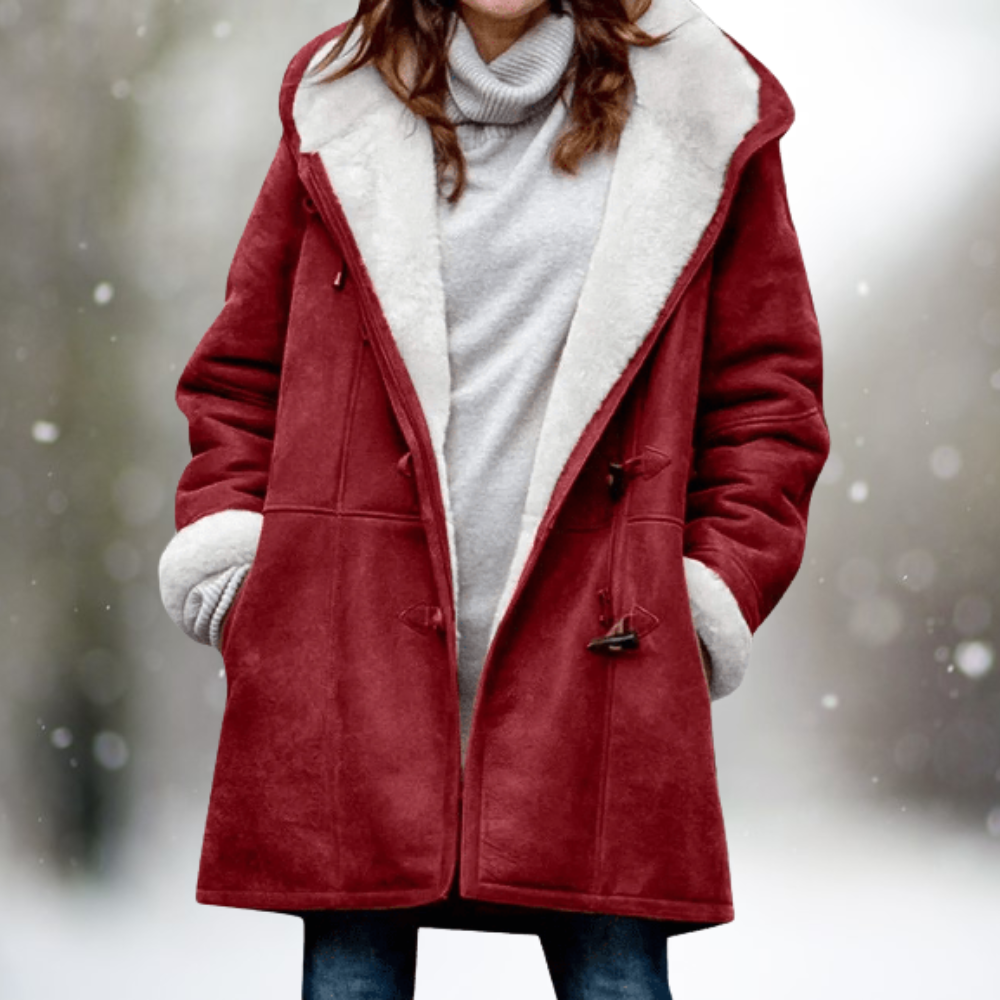 Fleece-Lined Suede-Look Hooded Coat in Burgundy — VerolynBoutique