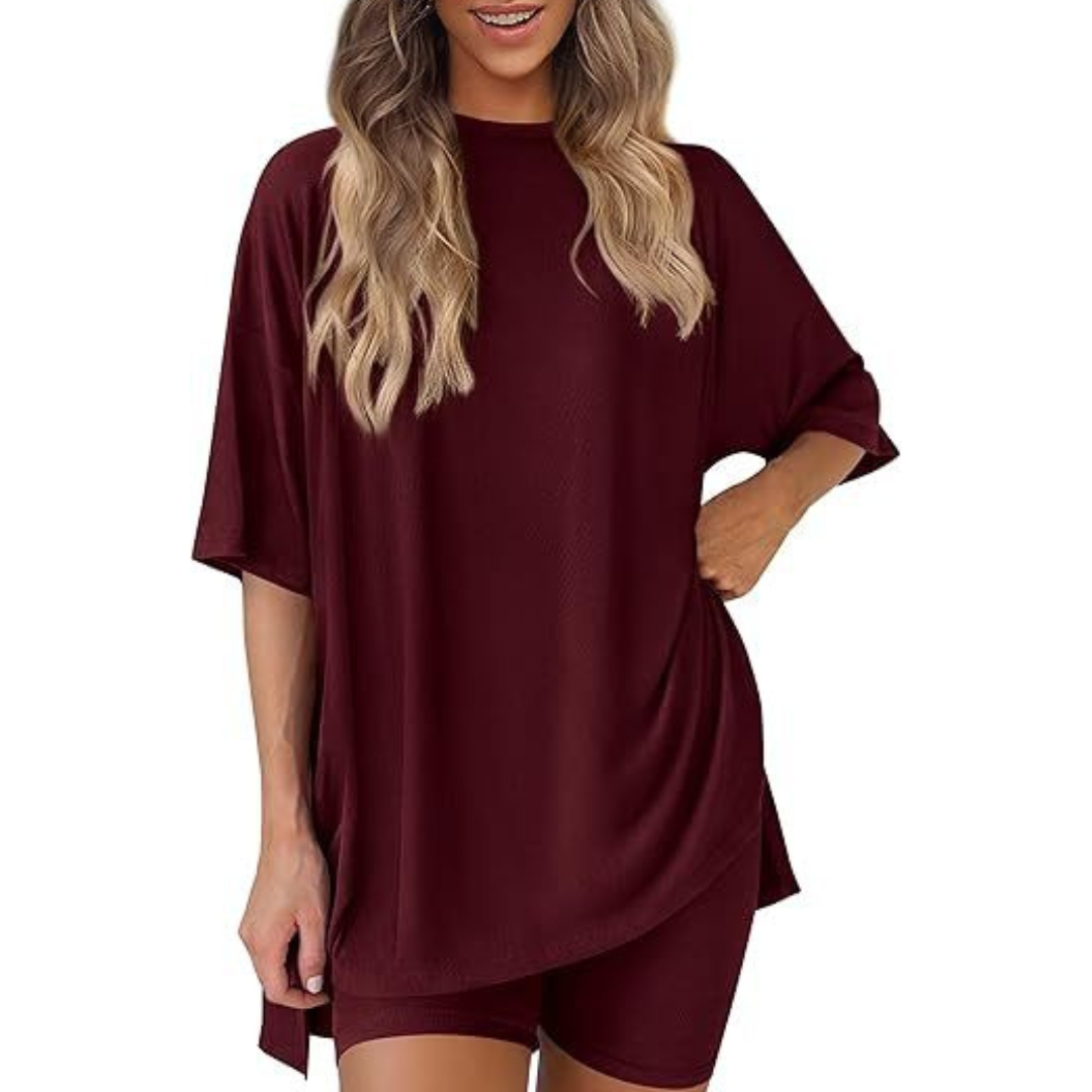 Oversized Tee Bike Shorts Set in Burgundy — VerolynBoutique