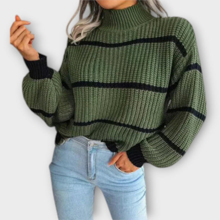 Chunky Stripe Mock Neck Jumper in Green — VerolynBoutique