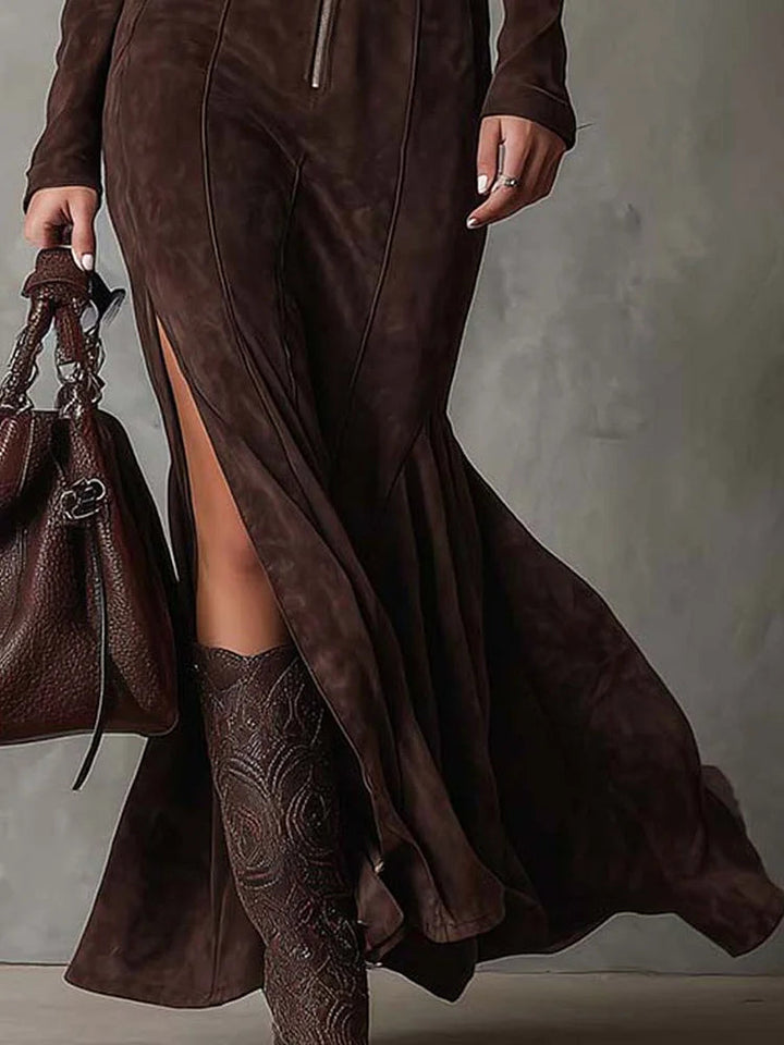 Belted Zip-Front Suede-Look Maxi Dress in Brown — VerolynBoutique