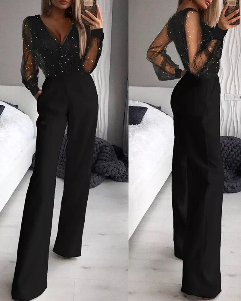 Sheer Sleeve Wide-Leg Jumpsuit in Black — VerolynBoutique