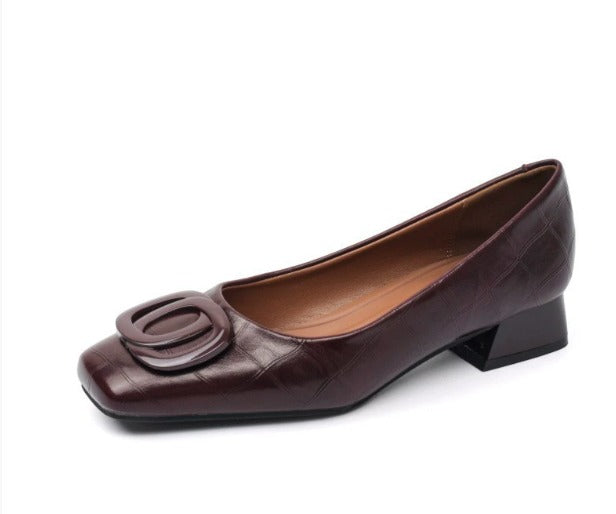 Square Toe Buckle Court Shoes in Brown — VerolynBoutique