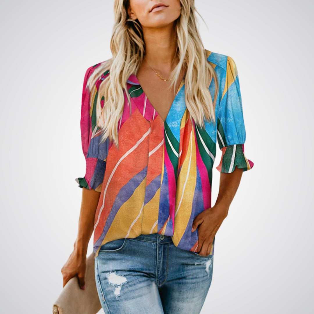 Ruffle Cuff V-Neck Blouse in Multicolour Geometric — VerolynBoutique