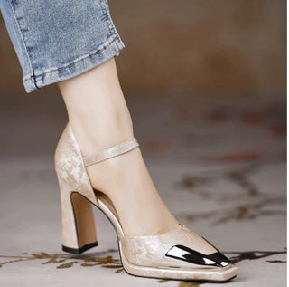 Metal Toe Cap Block Heels in Beige — VerolynBoutique