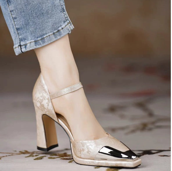 Metal Toe Cap Block Heels in Beige — VerolynBoutique