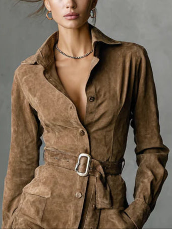 Belted Suede Shirt Midi Dress in Camel — VerolynBoutique
