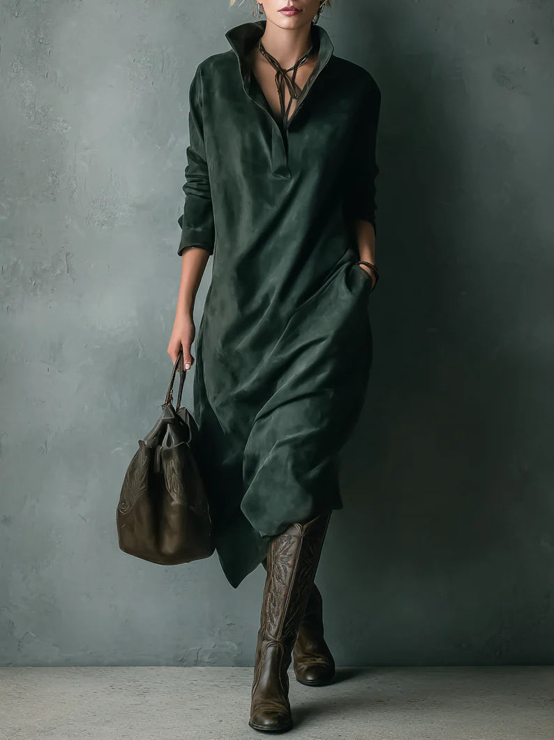 Loose Suede Lapel Midi Dress in Green — VerolynBoutique