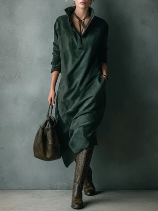 Loose Suede Lapel Midi Dress in Green — VerolynBoutique
