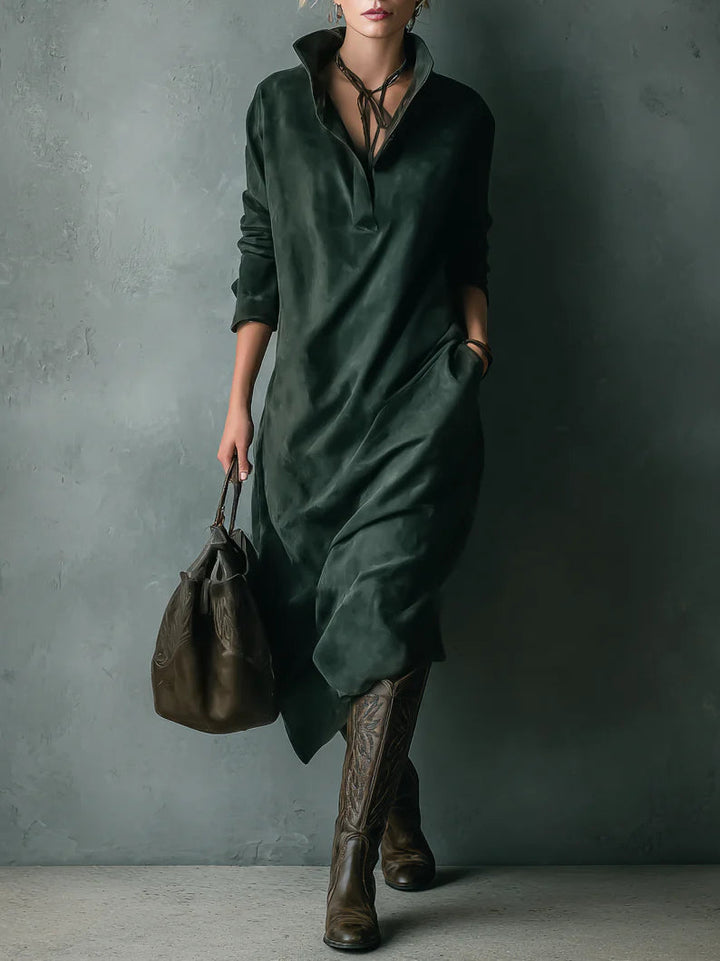 Loose Suede Lapel Midi Dress in Green — VerolynBoutique