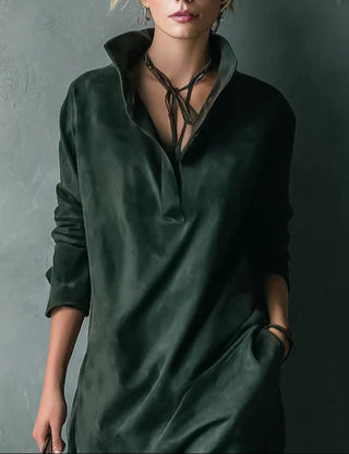 Loose Suede Lapel Midi Dress in Green — VerolynBoutique
