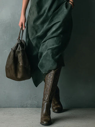 Loose Suede Lapel Midi Dress in Green — VerolynBoutique