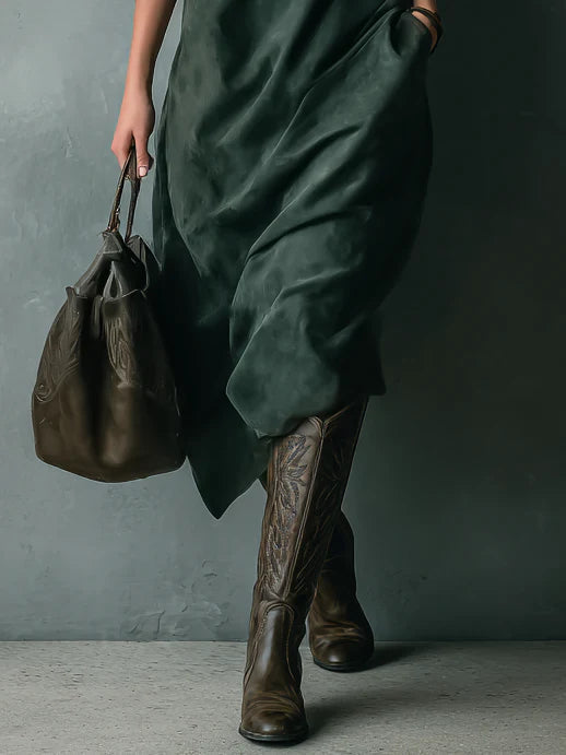 Loose Suede Lapel Midi Dress in Green — VerolynBoutique