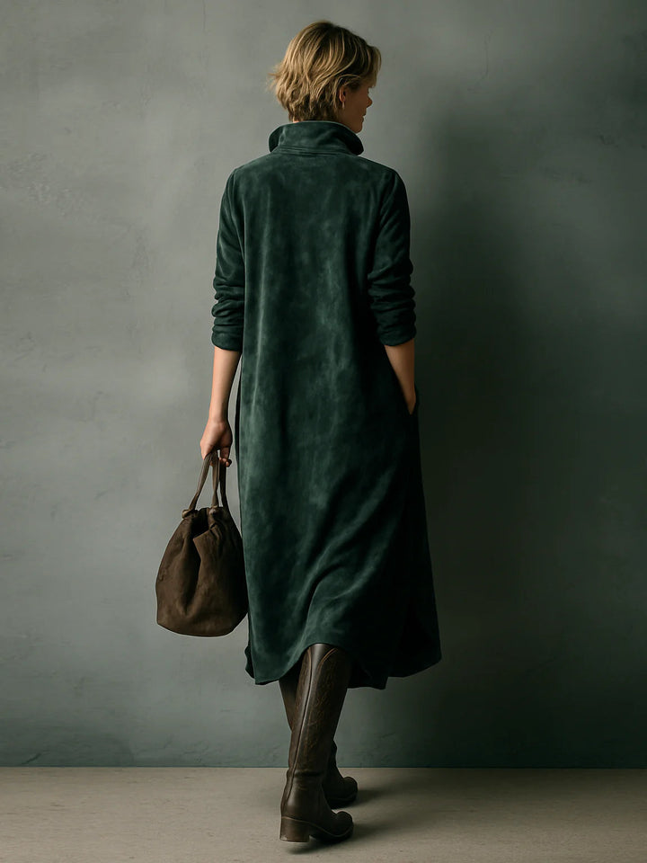 Loose Suede Lapel Midi Dress in Green — VerolynBoutique