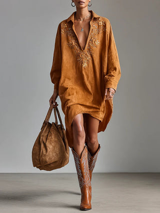 Verolyn - Printed Lapel Shirt Midi Dress