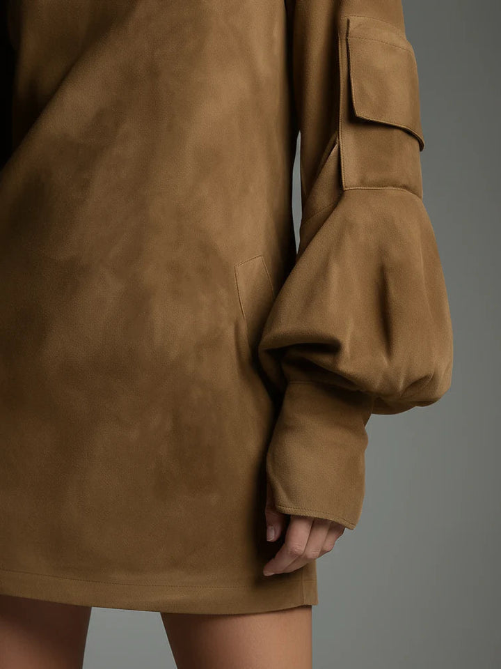 Oversized Suede Turtleneck Mini Dress in Brown — VerolynBoutique