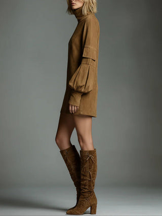 Oversized Suede Turtleneck Mini Dress in Brown — VerolynBoutique