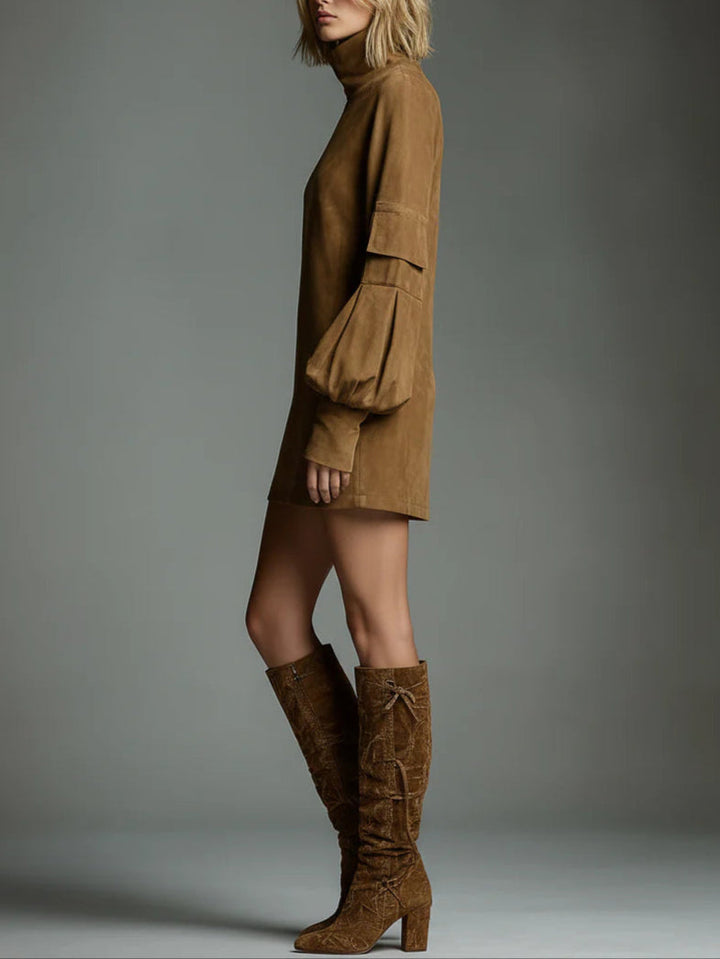Oversized Suede Turtleneck Mini Dress in Brown — VerolynBoutique