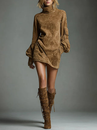 Oversized Suede Turtleneck Mini Dress in Brown — VerolynBoutique