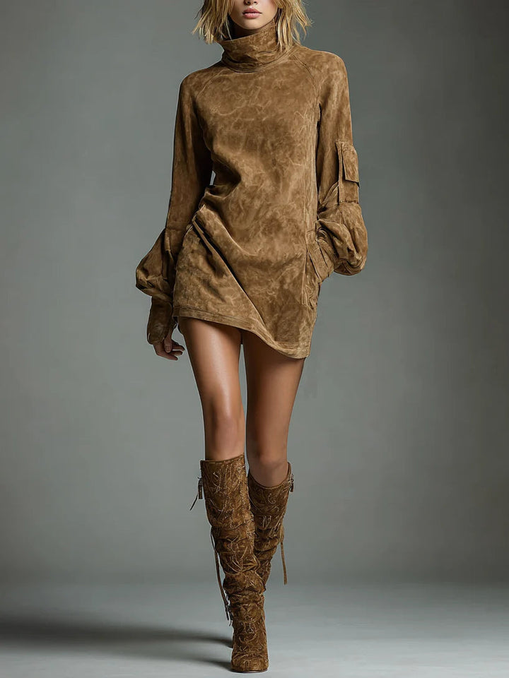 Oversized Suede Turtleneck Mini Dress in Brown — VerolynBoutique