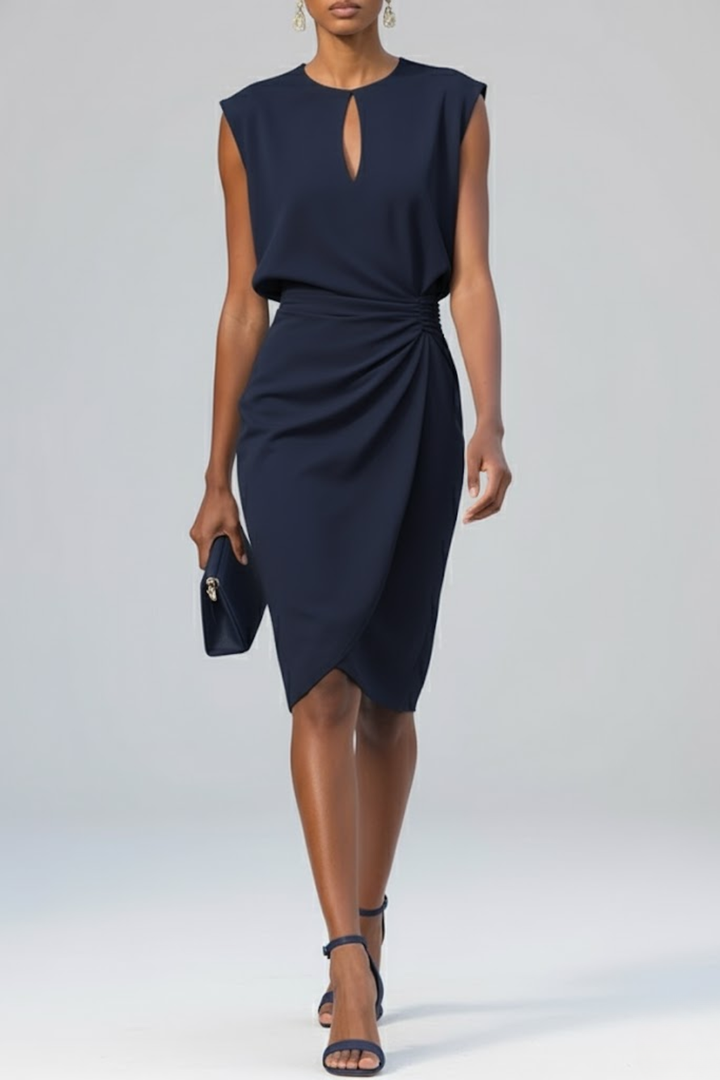Keyhole Ruched Midi Dress in Navy — VerolynBoutique