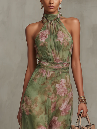 Halter Neck Floral Midi Dress in Green Floral — VerolynBoutique