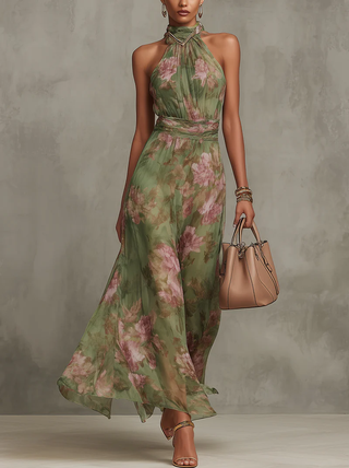 Halter Neck Floral Midi Dress in Green Floral — VerolynBoutique