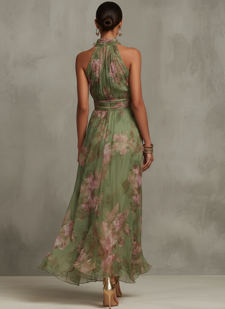 Halter Neck Floral Midi Dress in Green Floral — VerolynBoutique