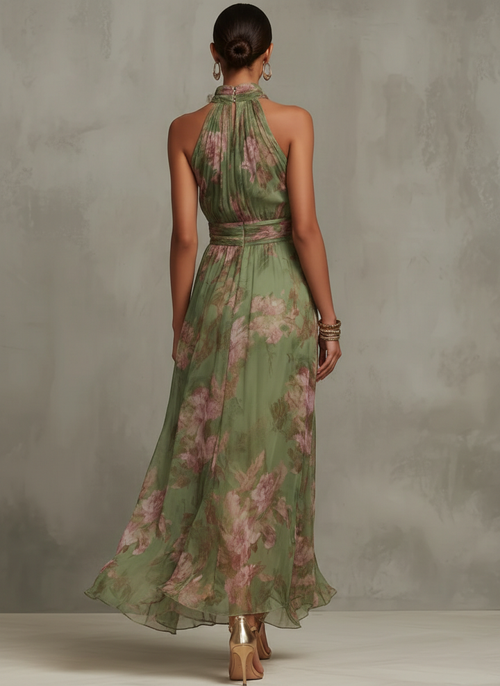 Halter Neck Floral Midi Dress in Green Floral — VerolynBoutique
