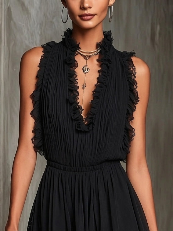 Ruffle Trim Playsuit in Black — VerolynBoutique